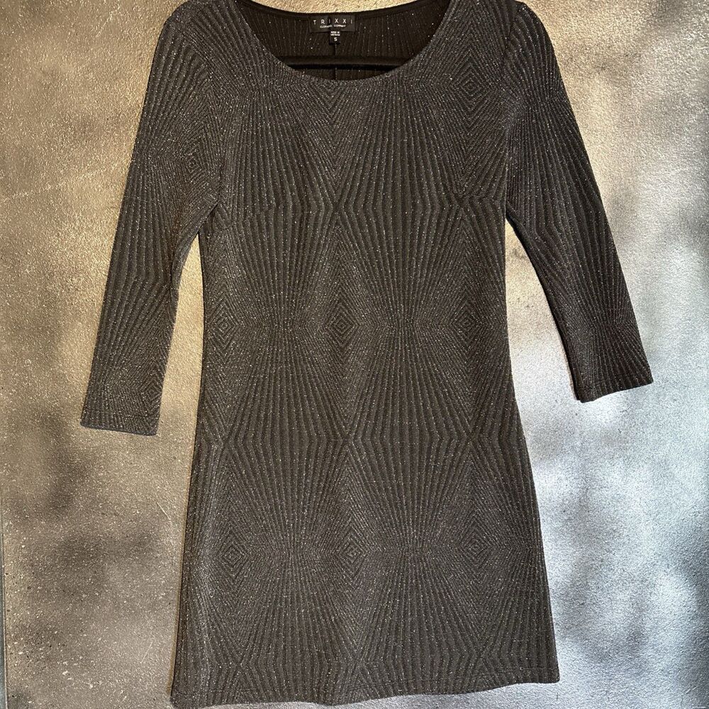 Trixxi Black Silver Shimmer Diamond Glitter Knit  Party Cocktail Dress S 3/4 Slv